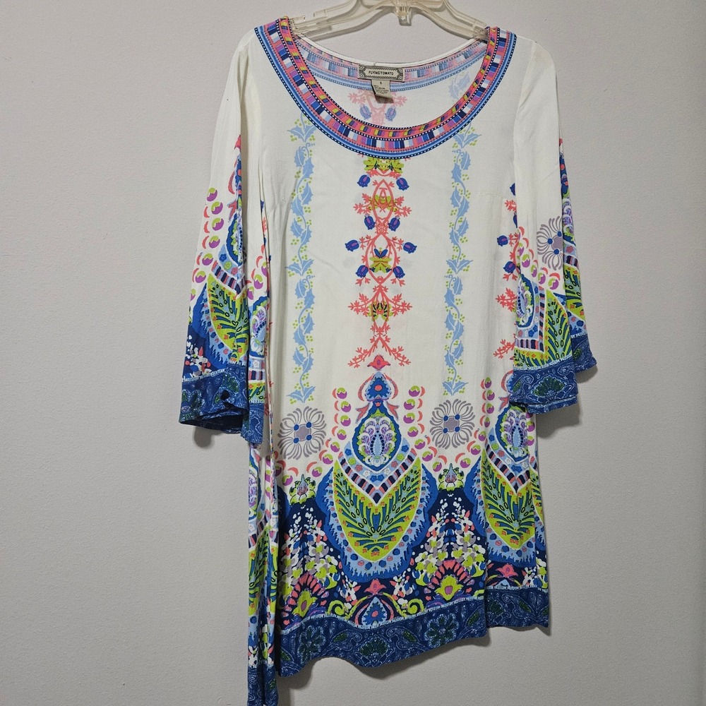 Flying Tomato Womens Boho Paisley Floral Tunic Top Bell Sleeve White Sml 1014333